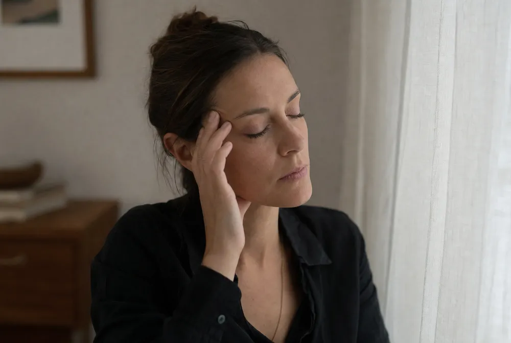 A person rests fingertips against one temple with eyes closed in soft daylight