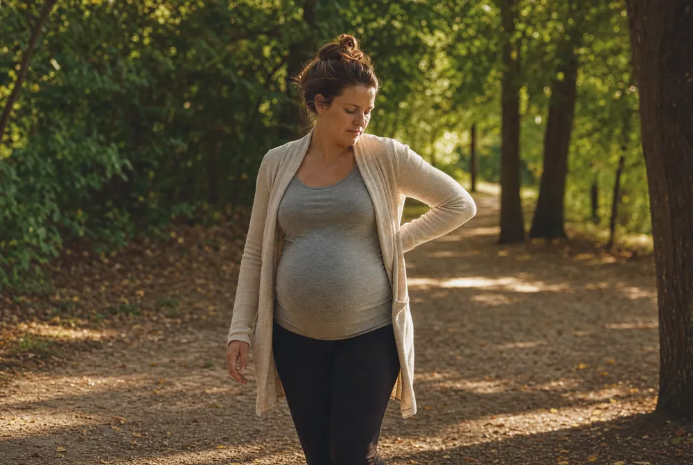 A woman in her third trimester walks a tree-lined path with one hand resting on her lower back