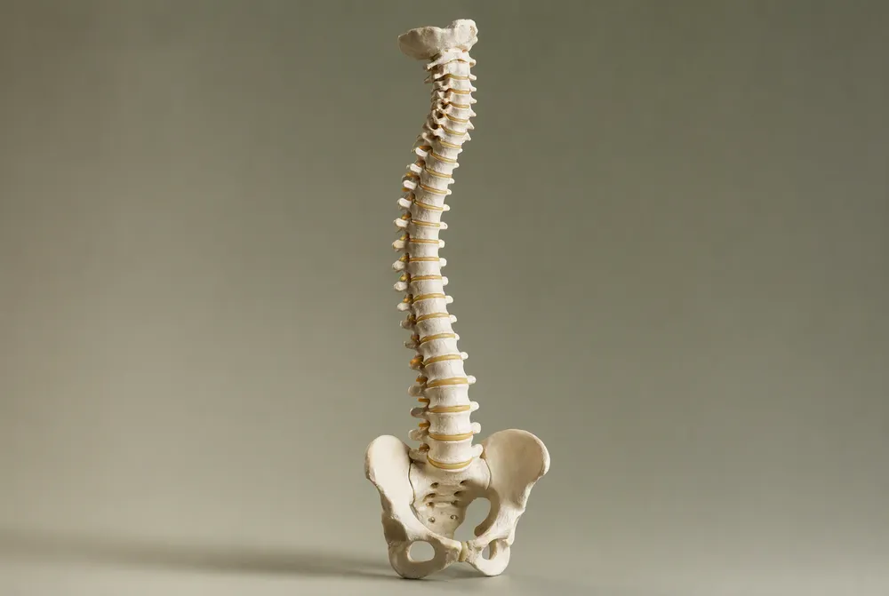 A studio photograph of an anatomical spine and pelvis model with a visible sideways curve