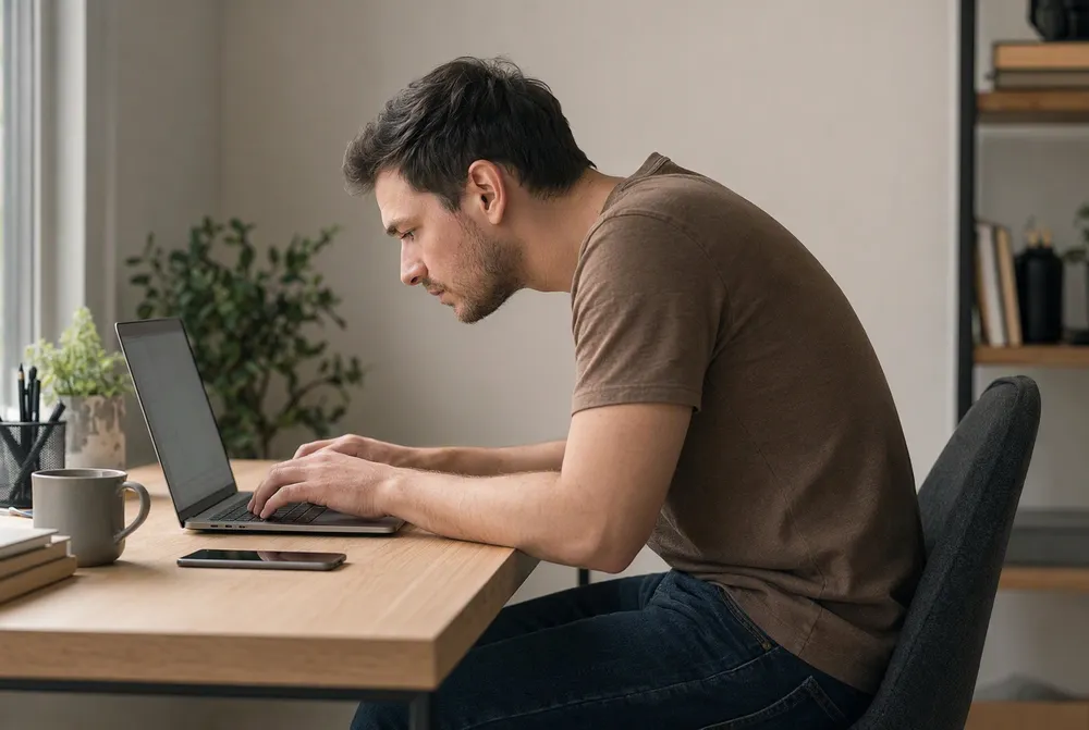 A person seated at a desk works on a laptop with the head jutting forward and shoulders rounded