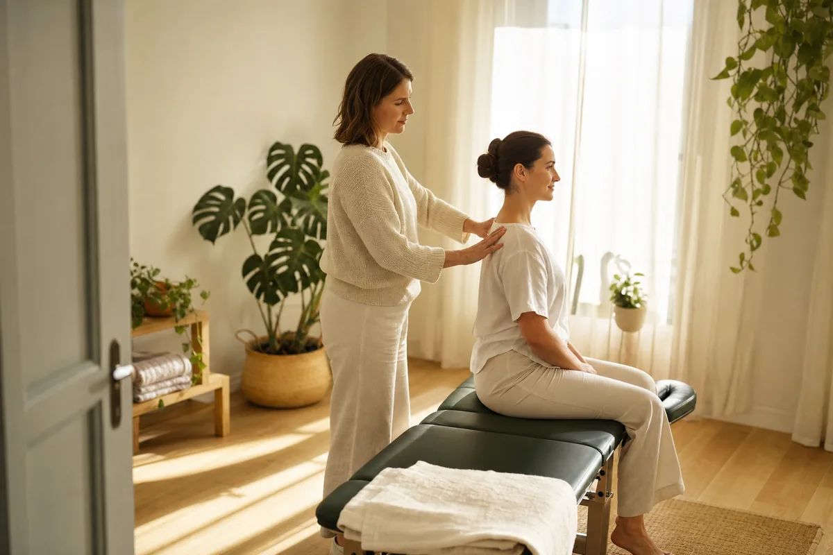 A practitioner rests both hands on a seated patient's upper back in a sunlit treatment room with plants and linen curtains